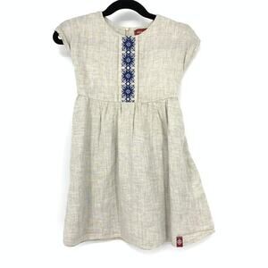 Poak Moaa Linen Tie Back Dress Girls Size 3-4 Beige Gray Blue Embroidery